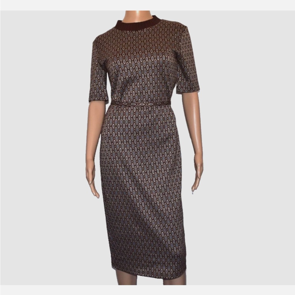 ZARA brown blue geometric pattern short sleeve belted pencil
dress